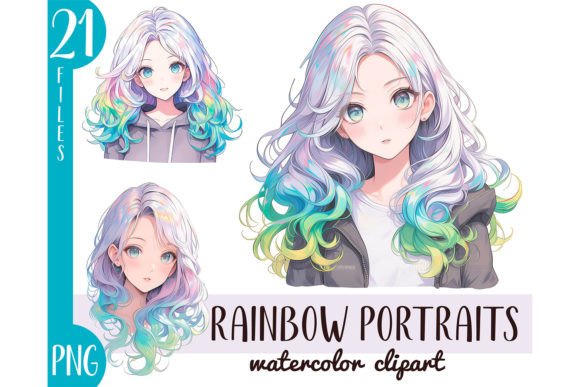 Download Watercolor Rainbow Hair Girl Anime PNG - Premium Bundle