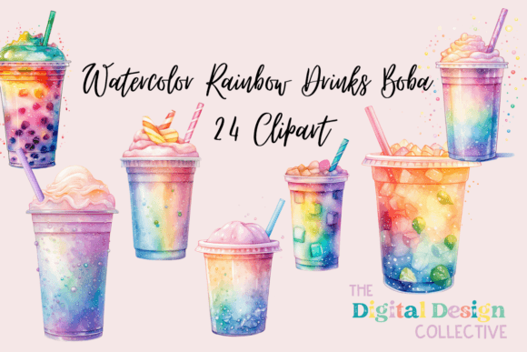 Download Watercolor Rainbow Drinks Boba Bundle - Premium Bundle